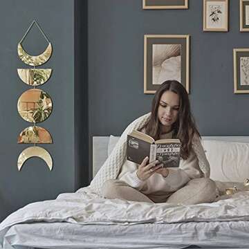 Moon Cycle Wall Decor | Acrylic Decorative Moon Phase Mirror Boho Wall Hanging | Bohemian Decor for Bedroom |Preppy Aesthetic Mirror Decorations for Living Room Moon Phases Art | Gold Wall Decor