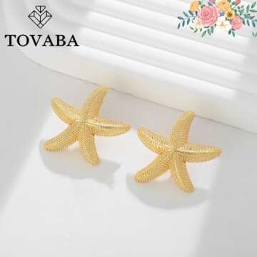TOVABA Gold Starfish Shape Drop Earrings for Women 14k Trendy Statement Dangle Earrings Hypoallergen...