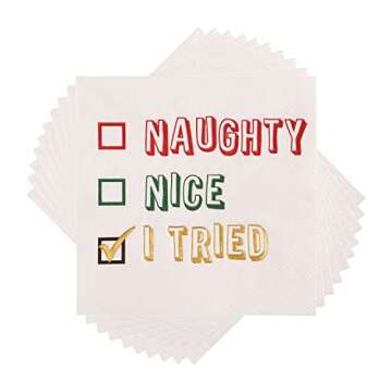 C.R. Gibson TW4-22630 Naughty or Nice Disposable Paper Cocktail Napkins for Christmas Parties, White, 5" x 5", 20pcs