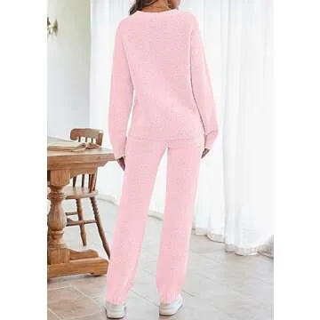 MEROKEETY Women's 2024 Fall Trendy Crew neck Top and Pants Solid Color Knit Lounge Sweater Sets, Pink, Medium