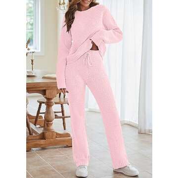 MEROKEETY Women's 2024 Fall Trendy Crew neck Top and Pants Solid Color Knit Lounge Sweater Sets, Pink, Medium