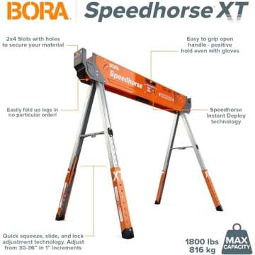 Bora Portamate Speedhorse XT Sawhorse Pair- Two pack, 30-36 inch height adjustable Legs, Metal Top f...