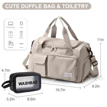 Beige Small Gym Bag for Women, Waterproof Travel Duffle Bag Carry On Weekender Bag with Shoe Compart...