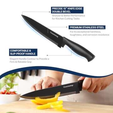 Gourmetop Kitchen Knife Set with No Drilling Magnetic Strip, Knives Set for Kitchen Black Cooking Knives, Sharp Stainless Steel Chef Knife Set for Cutting Meat & Vegetable, Small Knife Set