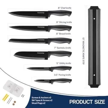 Gourmetop Kitchen Knife Set with No Drilling Magnetic Strip, Knives Set for Kitchen Black Cooking Knives, Sharp Stainless Steel Chef Knife Set for Cutting Meat & Vegetable, Small Knife Set