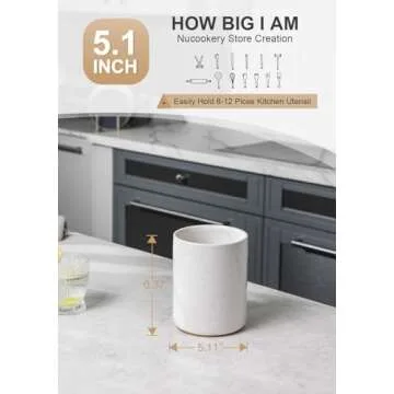 Nucookery Utensil Holder, 6.4" Ceramic Kitchen Utensil Holder for Countertop with Protection Cork Bottom, Vintage Farmhouse Kitchen Decor for Counter, Christmas Gift (Sand)