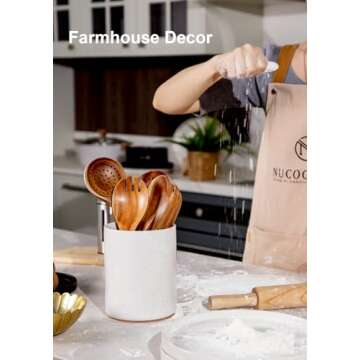 Nucookery Utensil Holder, 6.4" Ceramic Kitchen Utensil Holder for Countertop with Protection Cork Bottom, Vintage Farmhouse Kitchen Decor for Counter, Christmas Gift (Sand)