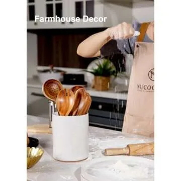 Nucookery Utensil Holder, 6.4" Ceramic Kitchen Utensil Holder for Countertop with Protection Cork Bottom, Vintage Farmhouse Kitchen Decor for Counter, Christmas Gift (Sand)