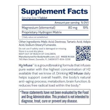BodyHealth H2 Infuse Molecular Hydrogen Tablets, Tablets for Drinking Water, Elemental Magnesium to ...