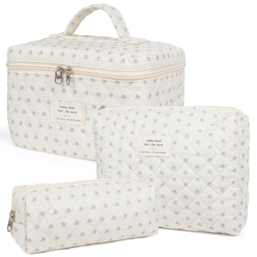 Beautiful Quilted Makeup Bag Set - Floral Travel Toiletry Bags for Women
