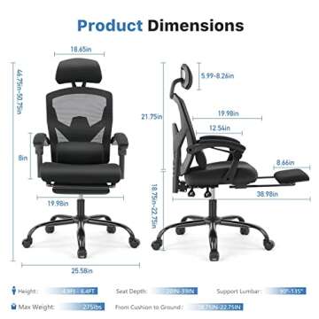 Ergonomic Office Chair，High Back Mesh Computer Chairs，Home Desk Chair with Adjustable Headrest and Lumbar Support，Swivel Rolling Executive Chair with Retractable Footrest and Padded Armrests,Black