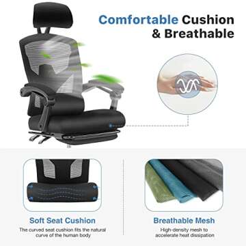 Ergonomic Office Chair，High Back Mesh Computer Chairs，Home Desk Chair with Adjustable Headrest and Lumbar Support，Swivel Rolling Executive Chair with Retractable Footrest and Padded Armrests,Black