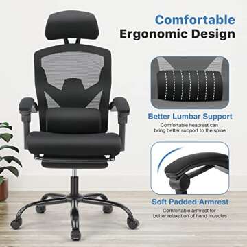 Ergonomic Office Chair，High Back Mesh Computer Chairs，Home Desk Chair with Adjustable Headrest and Lumbar Support，Swivel Rolling Executive Chair with Retractable Footrest and Padded Armrests,Black