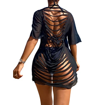 SOLY HUX Women's Mesh Bathing Suit Cover Ups Ripped See Through Swimsuit Short Beach Dress Sexy Beac...
