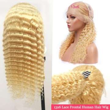 Blonde Virgin Human Hair Wigs Water Wave 18Inch 150% 13x6 Lace Frontal Wigs Deep Parting with Baby H...