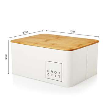 Lumaland Farmhouse Bread Box - Metal Bread Box with Bamboo Lid/Cutting Board - Vintage Decor Bread Storage Container for Kitchen Counter - 12” x 9.2" x 5.5" - White