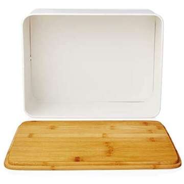 Lumaland Farmhouse Bread Box - Metal Bread Box with Bamboo Lid/Cutting Board - Vintage Decor Bread Storage Container for Kitchen Counter - 12” x 9.2" x 5.5" - White