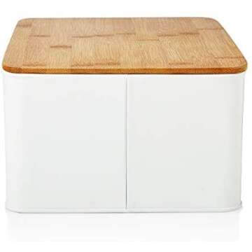 Lumaland Farmhouse Bread Box - Metal Bread Box with Bamboo Lid/Cutting Board - Vintage Decor Bread Storage Container for Kitchen Counter - 12” x 9.2" x 5.5" - White
