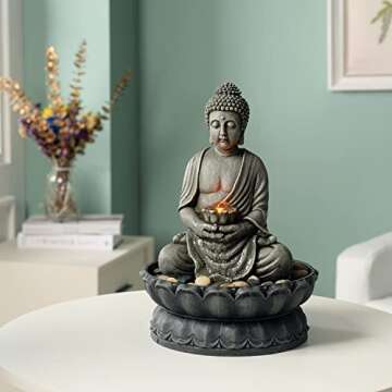 GOSSI 11.2 in Tall Indoor Décor Tabletop Buddha Fountains Desk Water Fountain Sitting Buddha Fountain Zen Fountain w/Reflective Lighting/Cobblestone Office and Home Decor