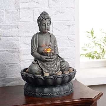 GOSSI 11.2 in Tall Indoor Décor Tabletop Buddha Fountains Desk Water Fountain Sitting Buddha Fountain Zen Fountain w/Reflective Lighting/Cobblestone Office and Home Decor
