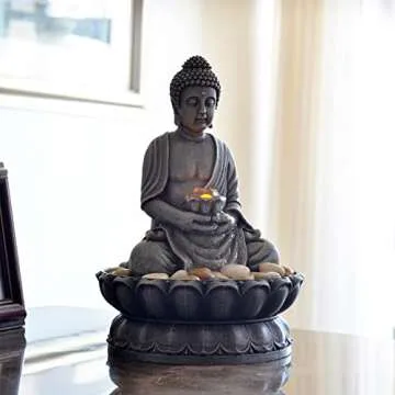 GOSSI 11.2 in Tall Indoor Décor Tabletop Buddha Fountains Desk Water Fountain Sitting Buddha Fountain Zen Fountain w/Reflective Lighting/Cobblestone Office and Home Decor