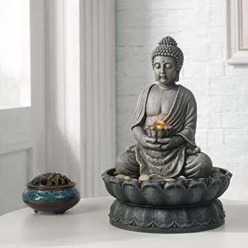 GOSSI 11.2 in Tall Indoor Décor Tabletop Buddha Fountains Desk Water Fountain Sitting Buddha Fountain Zen Fountain w/Reflective Lighting/Cobblestone Office and Home Decor