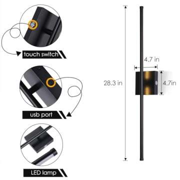 LED Wireless Wall Sconce with Remote Control (Set of Two), USB Rechargeable Battery Powered Indoor Wall Lamps, Dimmable, 360° Rotate,Timing, 28.3 inch Black Wall Lights for Hallway/Living Room/Bedroom