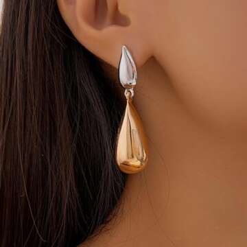 Zeshimb Teardrop Chunky Earrings Two Tone Tear Dangle Earrings Gold Silver Water Drop Asymmetrical E...