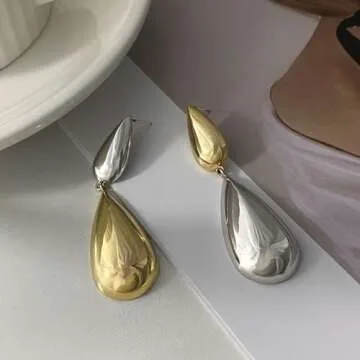 Zeshimb Teardrop Chunky Earrings Two Tone Tear Dangle Earrings Gold Silver Water Drop Asymmetrical Earrings Mismatched Glossy Teardrop Statement Earrings Jewelry for Women