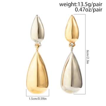 Zeshimb Teardrop Chunky Earrings Two Tone Tear Dangle Earrings Gold Silver Water Drop Asymmetrical Earrings Mismatched Glossy Teardrop Statement Earrings Jewelry for Women
