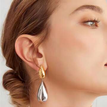 Zeshimb Teardrop Chunky Earrings Two Tone Tear Dangle Earrings Gold Silver Water Drop Asymmetrical Earrings Mismatched Glossy Teardrop Statement Earrings Jewelry for Women