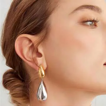 Zeshimb Teardrop Chunky Earrings Two Tone Tear Dangle Earrings Gold Silver Water Drop Asymmetrical Earrings Mismatched Glossy Teardrop Statement Earrings Jewelry for Women