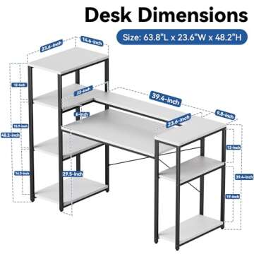HYPIGO Computer Desk with Storage Shelves, 63 Inch Teen Desk with Bookshelf, Home Office Desk for Study, Writing, PC Work, Gaming, White