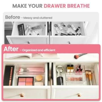 HOUSE DAY Makeup Drawer Organizer Trays 17 PCS, 4-Size Clear Drawer Organizers with Silicone Pads, Vanity Organizers and Storage, Non Slip Plastic Drawer Organizer for Desk, Bathroom, Kitchen, Office