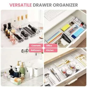 HOUSE DAY Makeup Drawer Organizer Trays 17 PCS, 4-Size Clear Drawer Organizers with Silicone Pads, Vanity Organizers and Storage, Non Slip Plastic Drawer Organizer for Desk, Bathroom, Kitchen, Office
