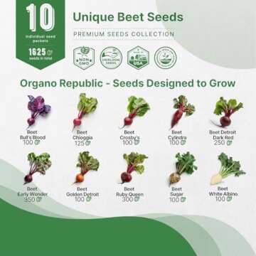 Organo Republic 10 Rare Beet Seeds Variety Pack for Planting Indoor & Outdoors 1625+ Heirloom Non-GMO Bulk Beets Gardening Seeds: Chioggia, Detroit Dark Red, Sugar, Cylindra, Bulls Blood, White Albino