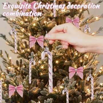 12 Pcs Candy Cane Christmas Decorations,5.5inch Glitter Candy Cane Bows for Xmas Tree Hanging Ornament Holiday Festival Party Home Decoration (Pink)