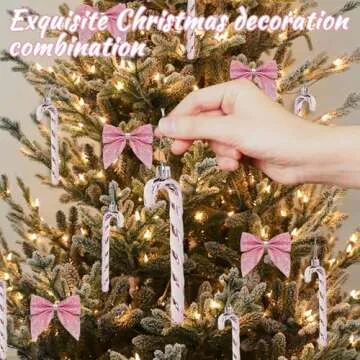 12 Pcs Candy Cane Christmas Decorations,5.5inch Glitter Candy Cane Bows for Xmas Tree Hanging Ornament Holiday Festival Party Home Decoration (Pink)