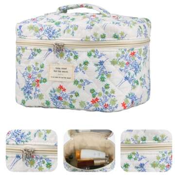 VIWIME Makeup Cosmetic Bag, Large Cotton Quilted Travel Coquette Aesthetic Cute Floral Make up Bag f...