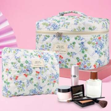 VIWIME Makeup Cosmetic Bag, Large Cotton Quilted Travel Coquette Aesthetic Cute Floral Make up Bag for Women Toiletry Bag Organizer(RedGreen Flower/2Pcs)