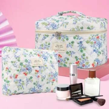 VIWIME Makeup Cosmetic Bag, Large Cotton Quilted Travel Coquette Aesthetic Cute Floral Make up Bag for Women Toiletry Bag Organizer(RedGreen Flower/2Pcs)