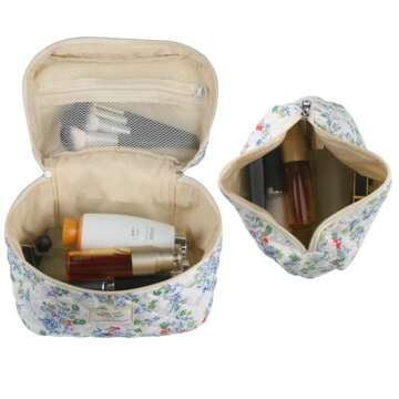 VIWIME Makeup Cosmetic Bag, Large Cotton Quilted Travel Coquette Aesthetic Cute Floral Make up Bag for Women Toiletry Bag Organizer(RedGreen Flower/2Pcs)