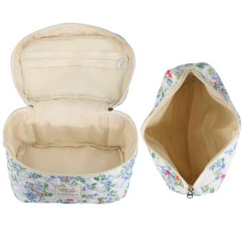 VIWIME Makeup Cosmetic Bag, Large Cotton Quilted Travel Coquette Aesthetic Cute Floral Make up Bag for Women Toiletry Bag Organizer(RedGreen Flower/2Pcs)