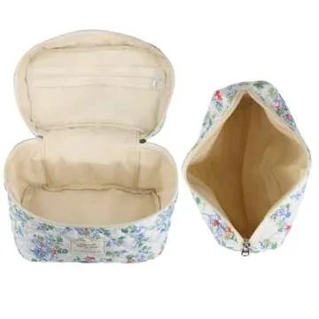 VIWIME Makeup Cosmetic Bag, Large Cotton Quilted Travel Coquette Aesthetic Cute Floral Make up Bag for Women Toiletry Bag Organizer(RedGreen Flower/2Pcs)