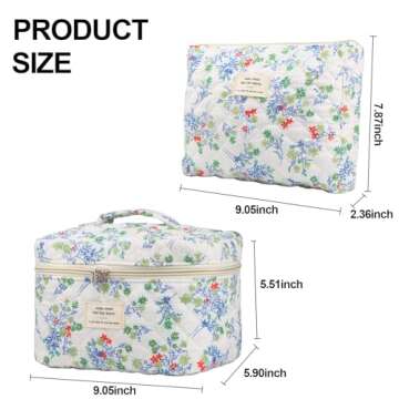 VIWIME Makeup Cosmetic Bag, Large Cotton Quilted Travel Coquette Aesthetic Cute Floral Make up Bag for Women Toiletry Bag Organizer(RedGreen Flower/2Pcs)