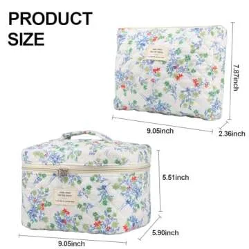 VIWIME Makeup Cosmetic Bag, Large Cotton Quilted Travel Coquette Aesthetic Cute Floral Make up Bag for Women Toiletry Bag Organizer(RedGreen Flower/2Pcs)