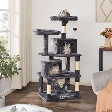 BEWISHOME Cat Tree Condo Cat Tower for Indoor Cats Kitten Furniture Activity Center Pet Kitty Play House with Sisal Scratching Posts Perches Hammock Grey MMJ01B