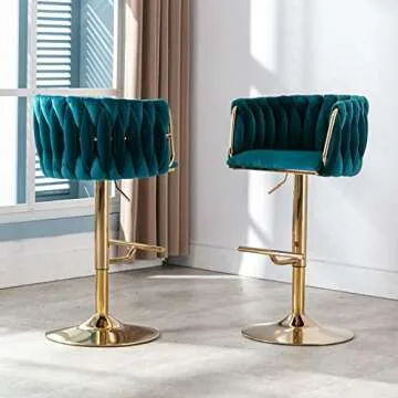 DUOMAY Modern Swivel Bar Stools Set of 2, Velvet Adjustable Height Barstool with Barrel Back Kitchen Island Counter Bar Chair with Golden Base, Teal Green