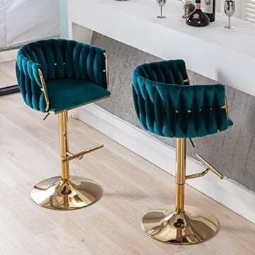 DUOMAY Modern Swivel Bar Stools Set of 2, Velvet Adjustable Height Barstool with Barrel Back Kitchen Island Counter Bar Chair with Golden Base, Teal Green