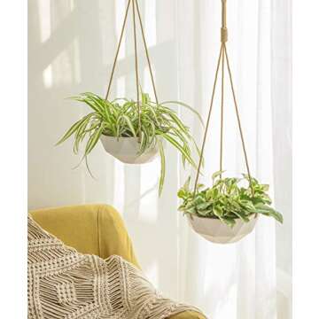 Mkono 9 Inch Ceramic Hanging Planter Indoor Outdoor Modern Geometric Flower Plant Pot White Porcelain Hanging Basket with Polyester Rope Hanger for Herbs Ivy Crawling Plants, Set of 2